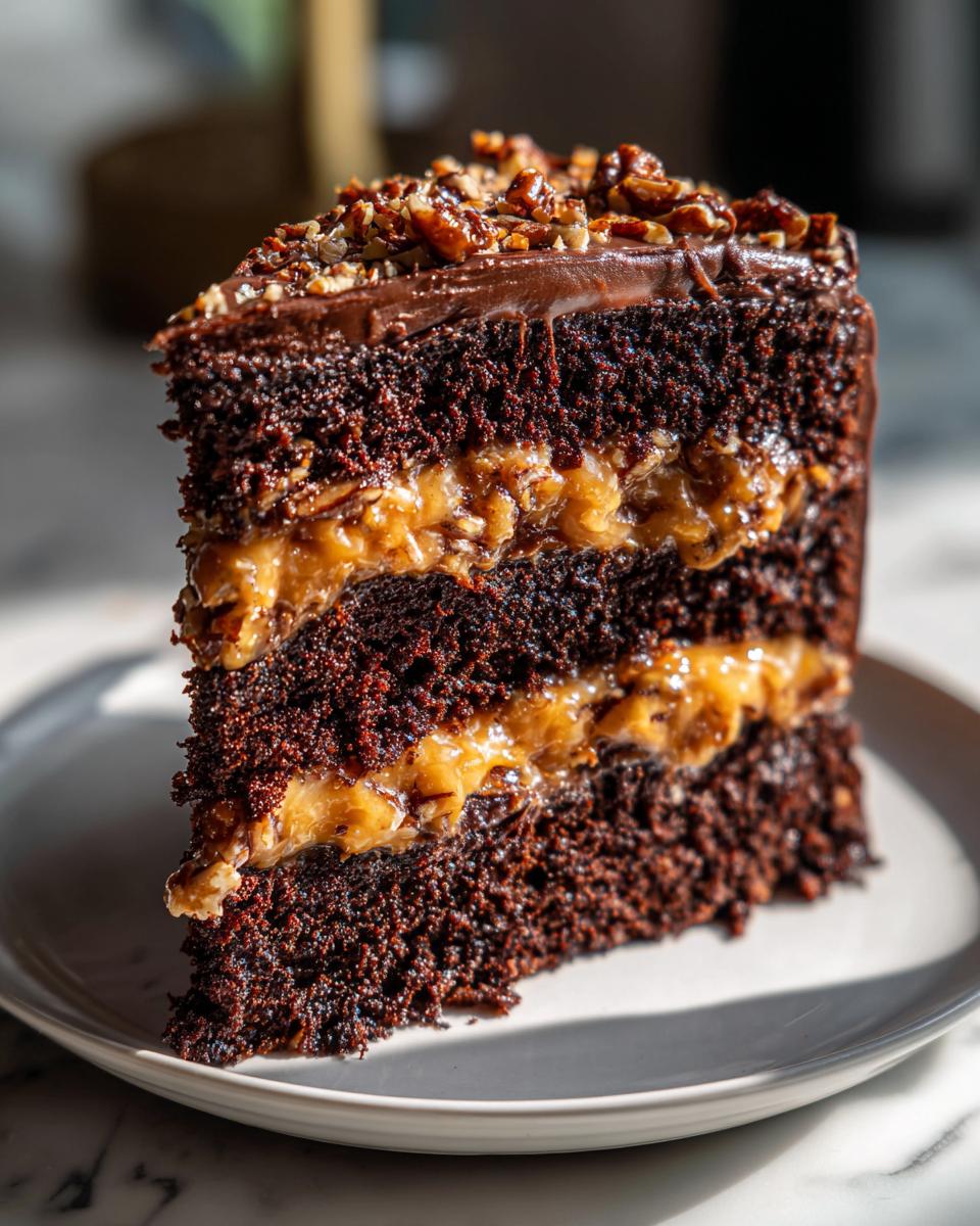 A decadent slice of german chocolate cake recipe showing three layers of dark chocolate cake separated by coconut-pecan filling.