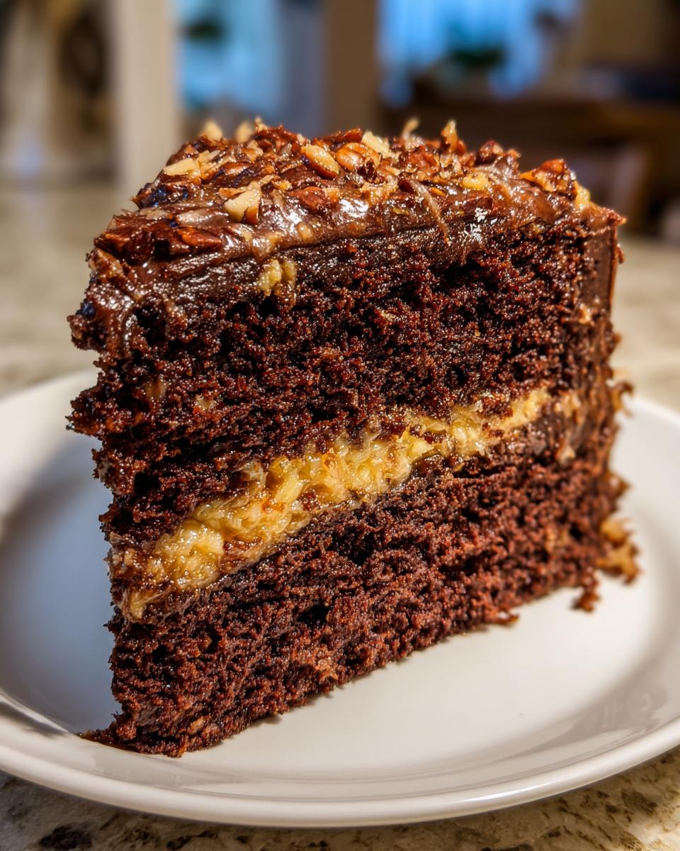 A tall slice of moist german chocolate cake recipe showing dark layers, coconut-pecan filling, and chocolate frosting with nuts.