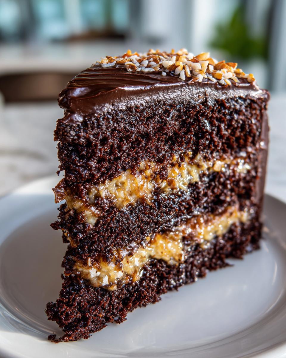Close-up of a moist slice of german chocolate cake recipe showing dark chocolate layers and coconut-pecan filling.
