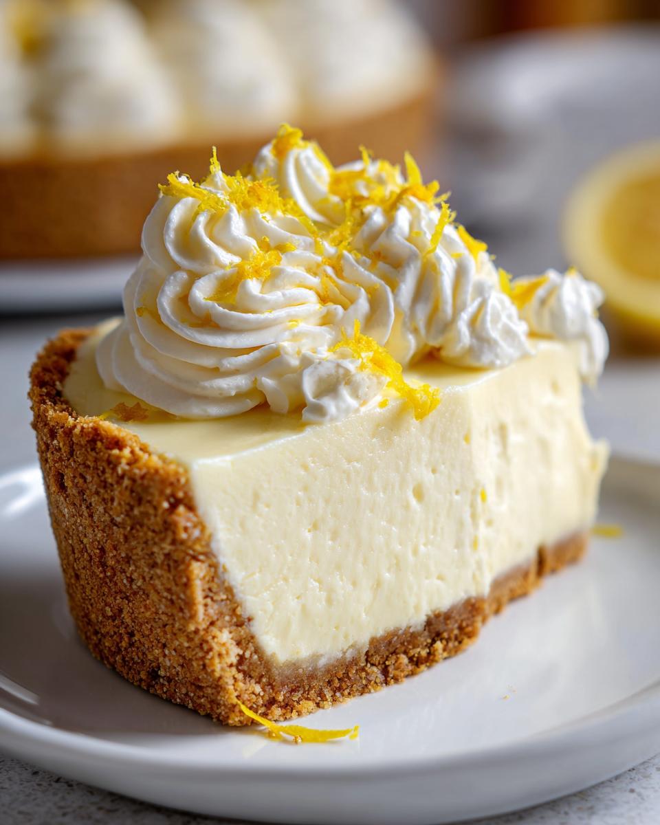 A perfect slice of creamy lemon pie on a white plate, topped with whipped cream and bright yellow lemon zest.