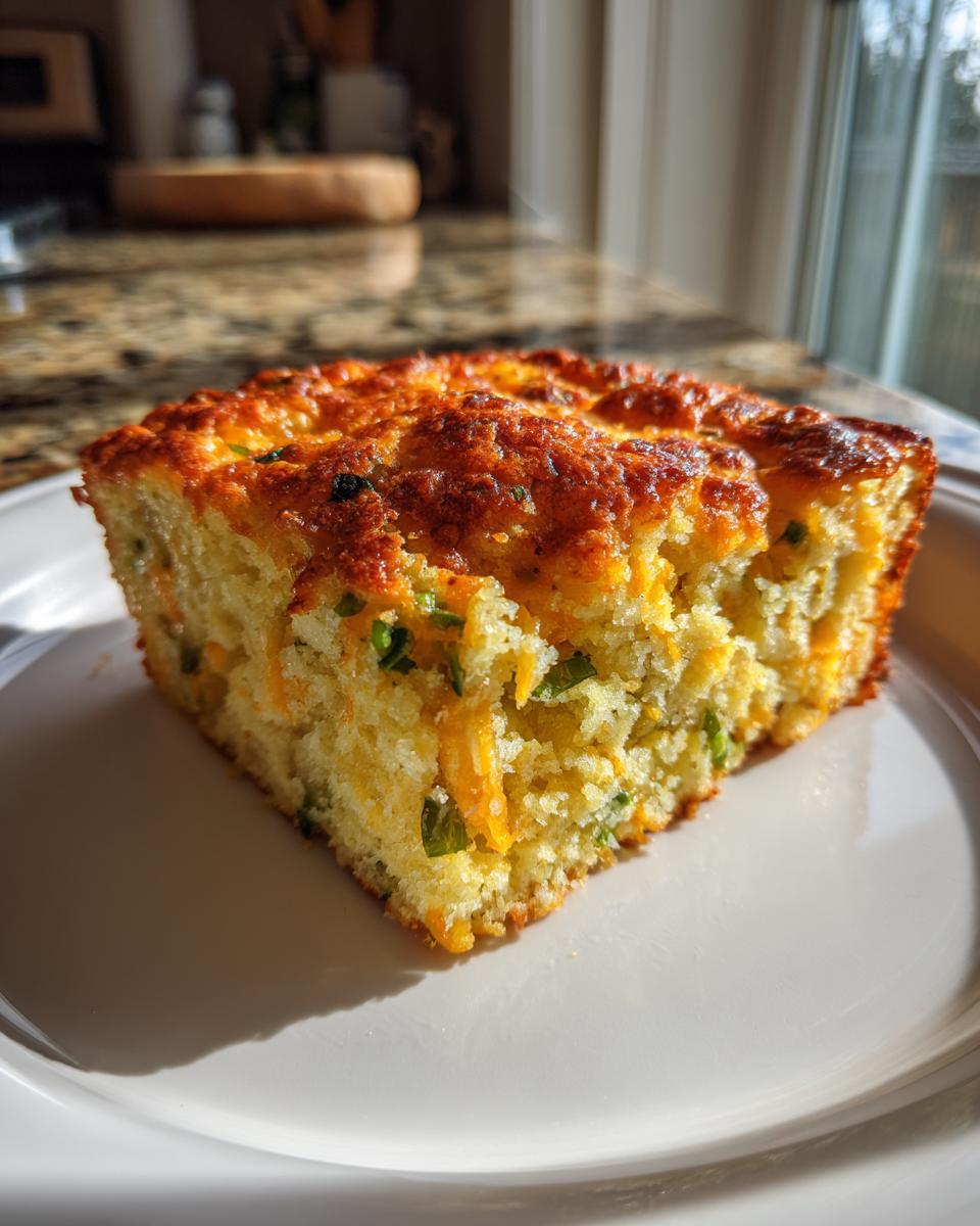 A square slice of moist Mexican cornbread, studded with cheese and green herbs, sitting on a white plate.