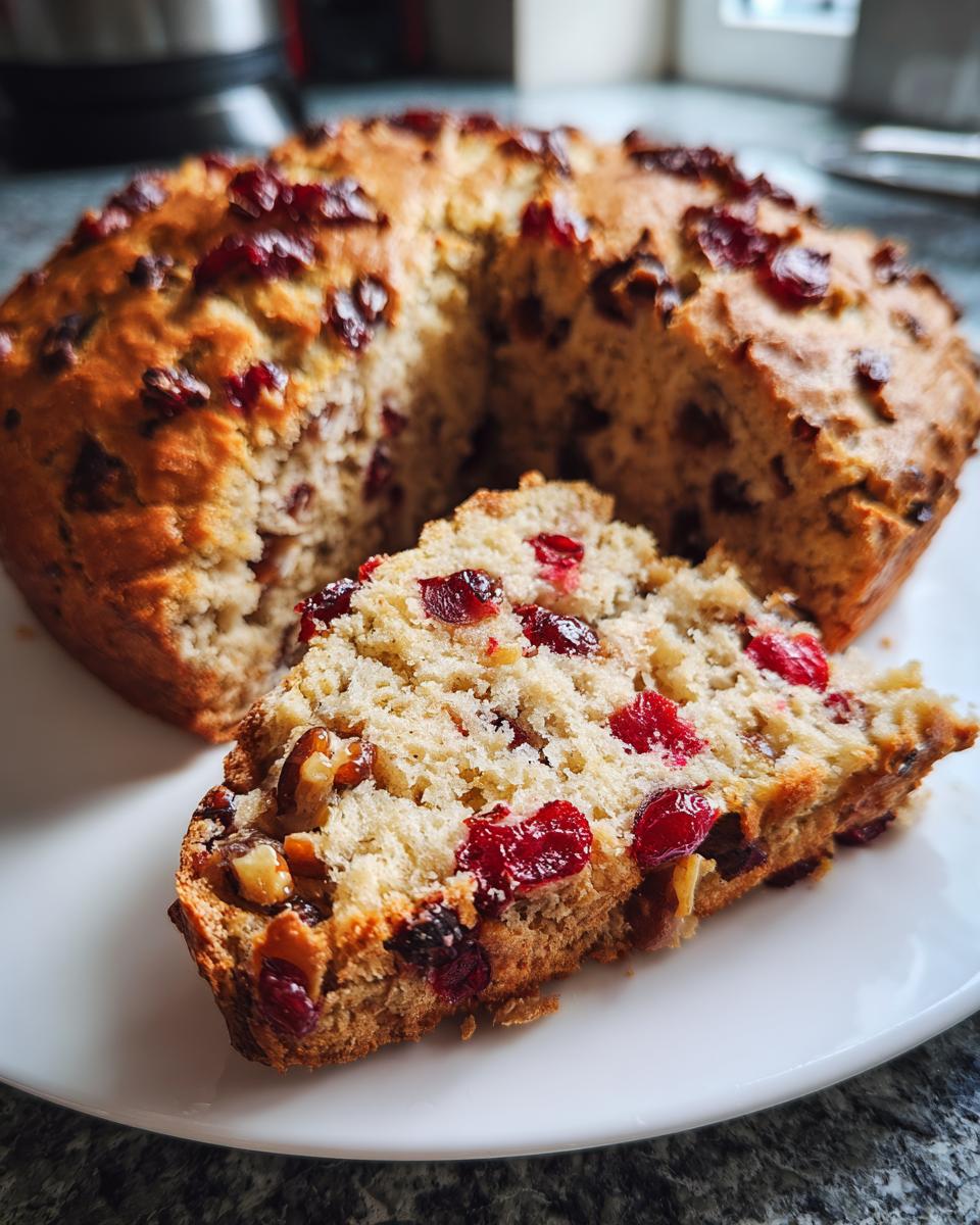 A close-up of a slice of moist cranberry walnut bread, showing visible cranberries and nuts, next to the main loaf.