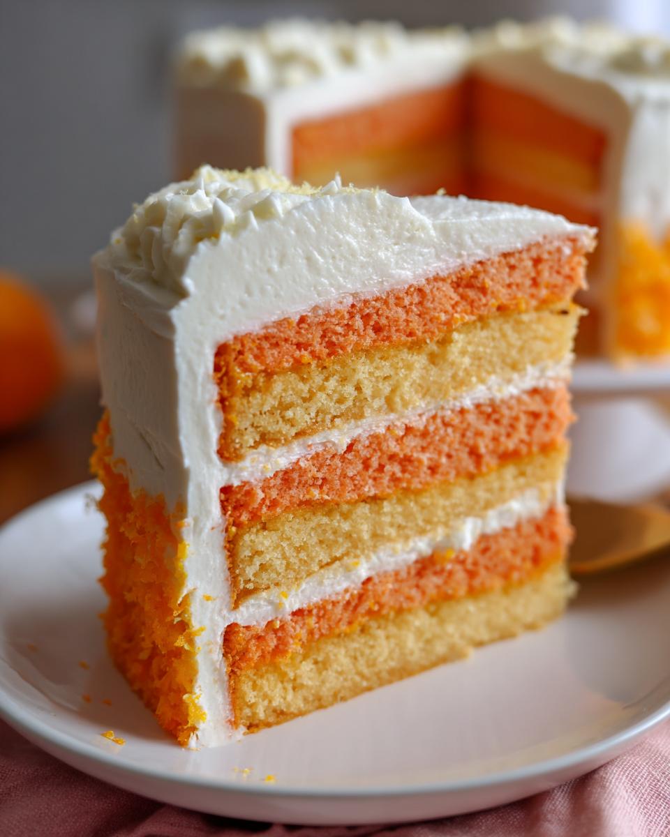 Close-up of a tall slice of Creamsicle Cake showing alternating orange and vanilla layers with white frosting.