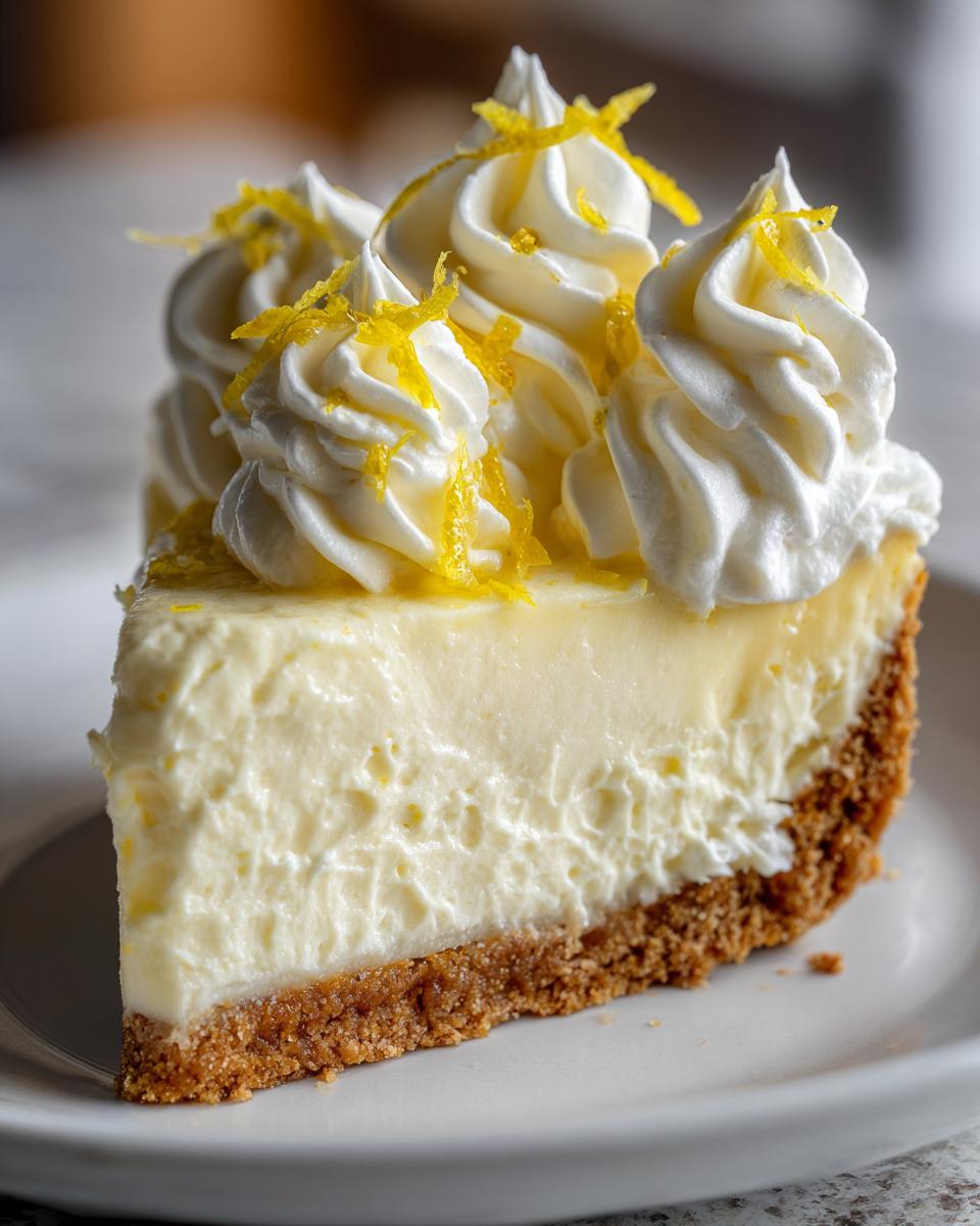 A close-up of a rich slice of lemon pie with a graham cracker crust, topped with swirls of whipped cream and bright yellow lemon zest.