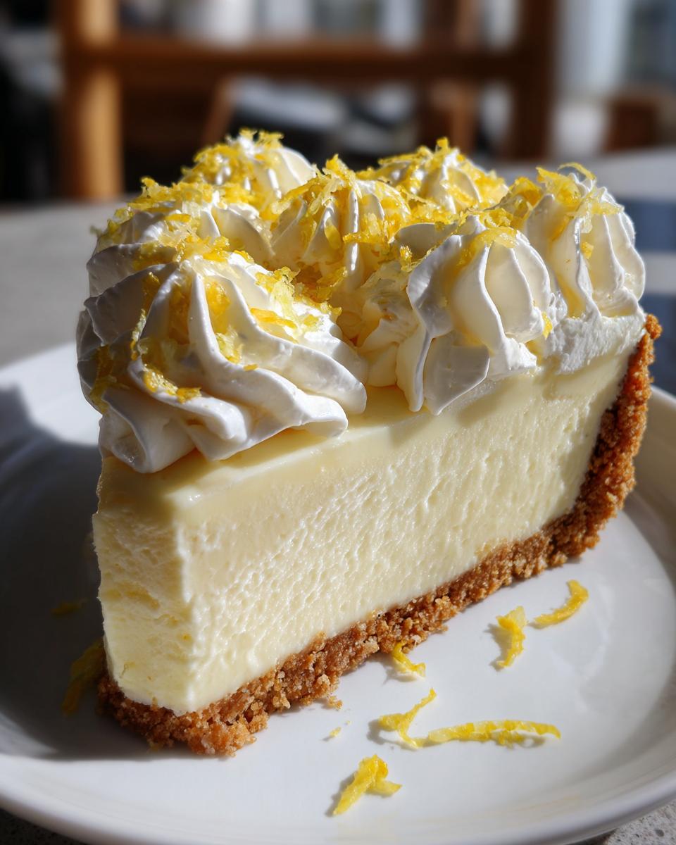 A perfect slice of creamy lemon pie with a graham cracker crust, topped with whipped cream and lemon zest.