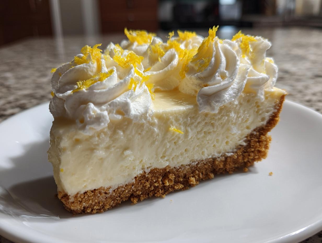 A close-up of a thick slice of lemon pie with a graham cracker crust, topped with whipped cream and lemon zest.