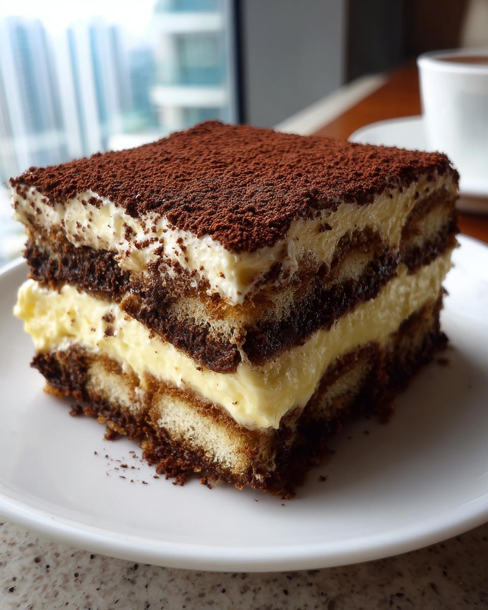 A rich, layered slice of homemade tiramisu recipe dusted heavily with cocoa powder, served on a white plate.