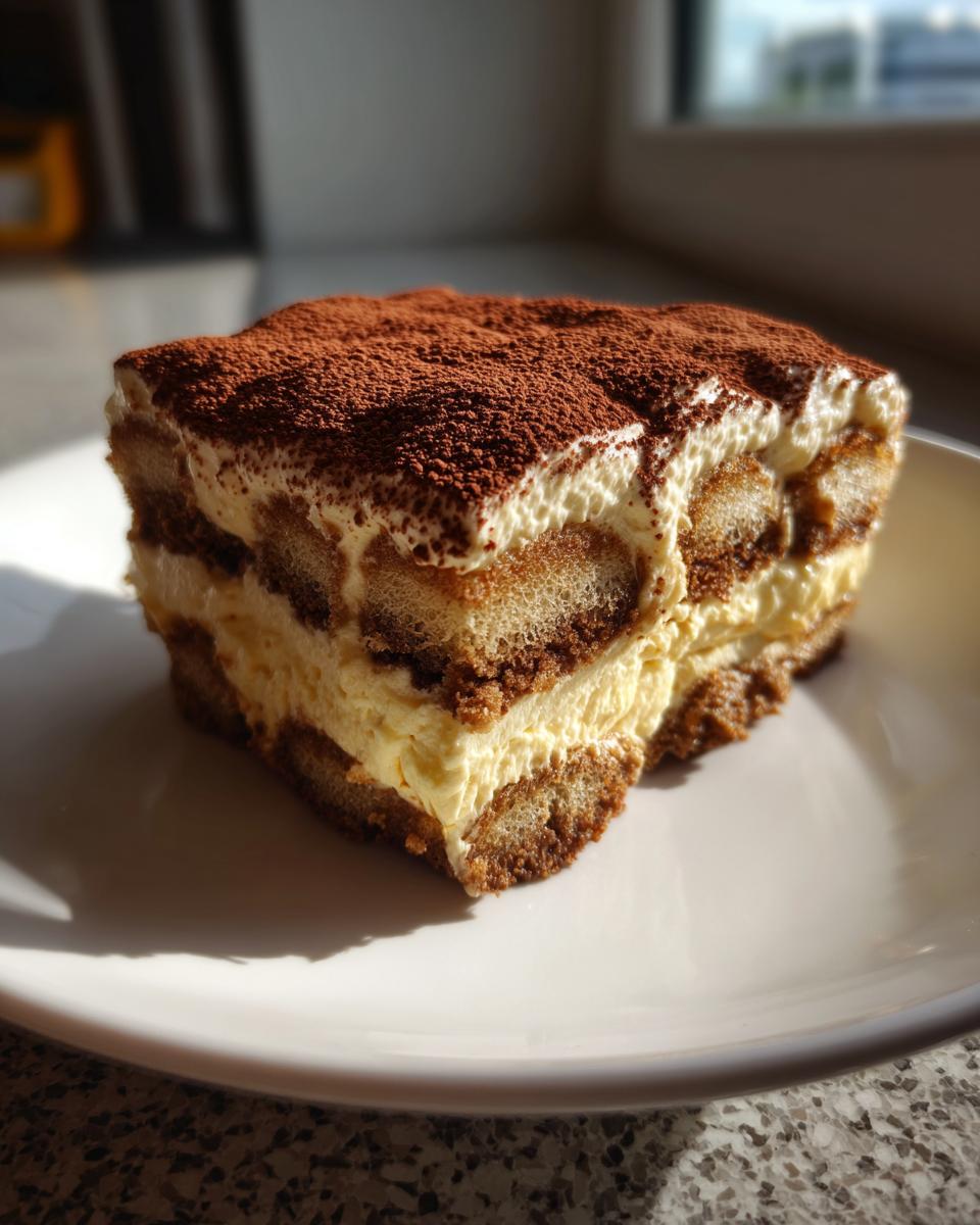 A perfect slice of layered tiramisu recipe on a white plate, heavily dusted with cocoa powder.