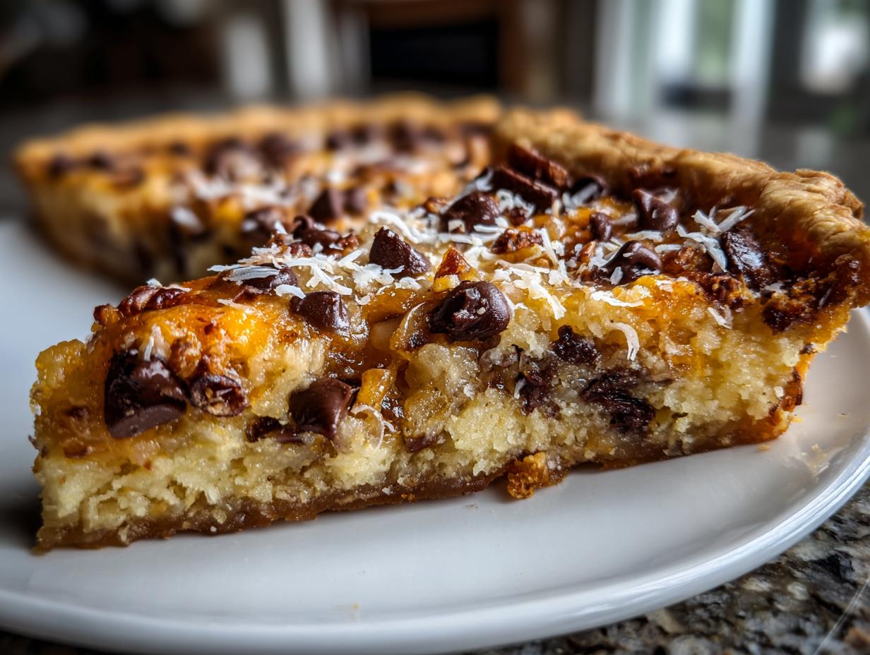 Close-up of a slice of rich texas trash pie showing a gooey filling, chocolate chips, and shredded coconut topping.