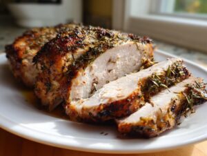 Close-up of a juicy, sliced slow cooker turkey breast roast covered in herbs on a white plate.