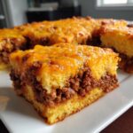 A close-up slice of sloppy joe cornbread casserole featuring a layer of seasoned meat between two layers of cornbread, topped with melted cheddar cheese.