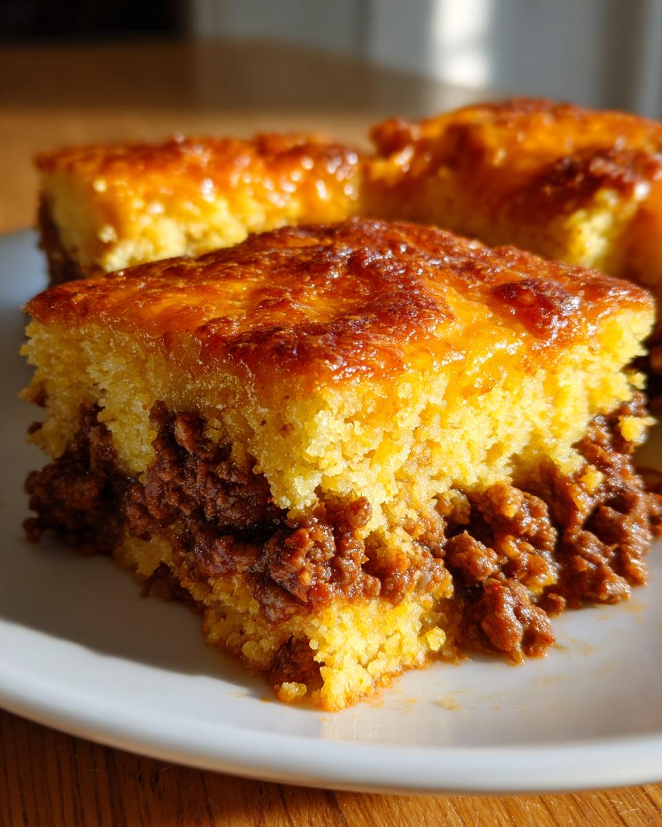 A close-up slice of sloppy joe cornbread casserole showing the savory meat filling between two layers of golden cornbread.