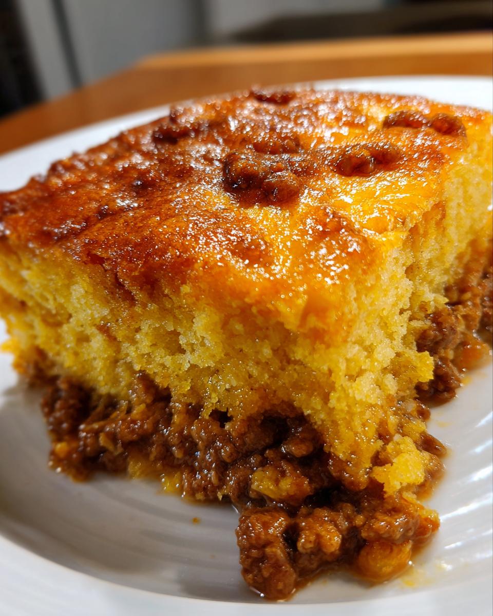 Close-up of a moist slice of sloppy joe cornbread casserole showing the golden cornbread top and savory meat filling.