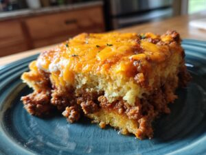 Close-up of a slice of sloppy joe cornbread casserole, showing the meaty base and cheesy topping.