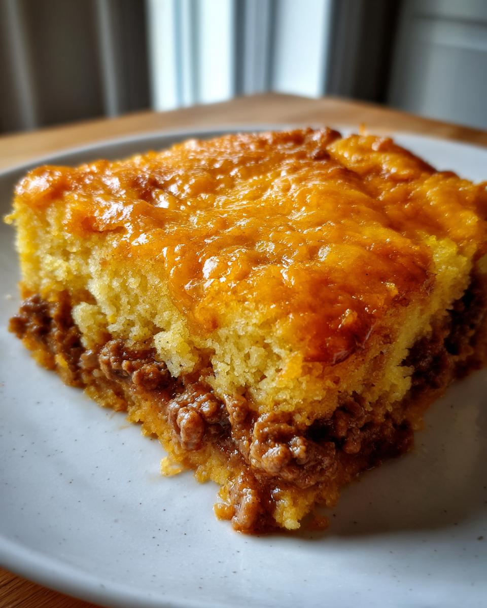 Close-up of a square slice of sloppy joe cornbread casserole showing a savory meat layer beneath a thick, golden cornbread top.