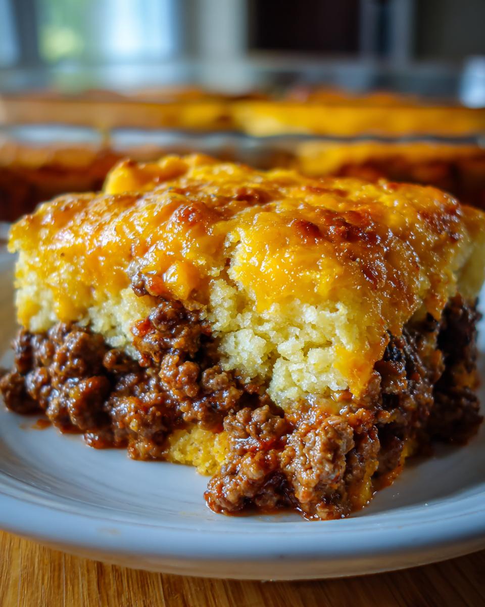 A close-up of a square serving of sloppy joe cornbread casserole, showing a thick layer of seasoned ground beef topped with golden cornbread and melted cheese.