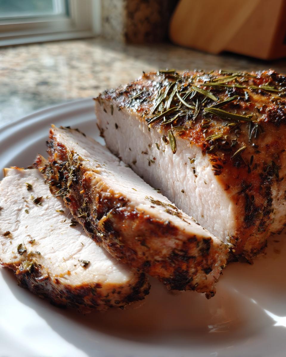 Close-up of a perfectly cooked slow cooker turkey breast, sliced and seasoned with rosemary and herbs.