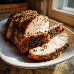 Close-up of sliced slow cooker turkey breast, seasoned heavily with dark herbs like rosemary.