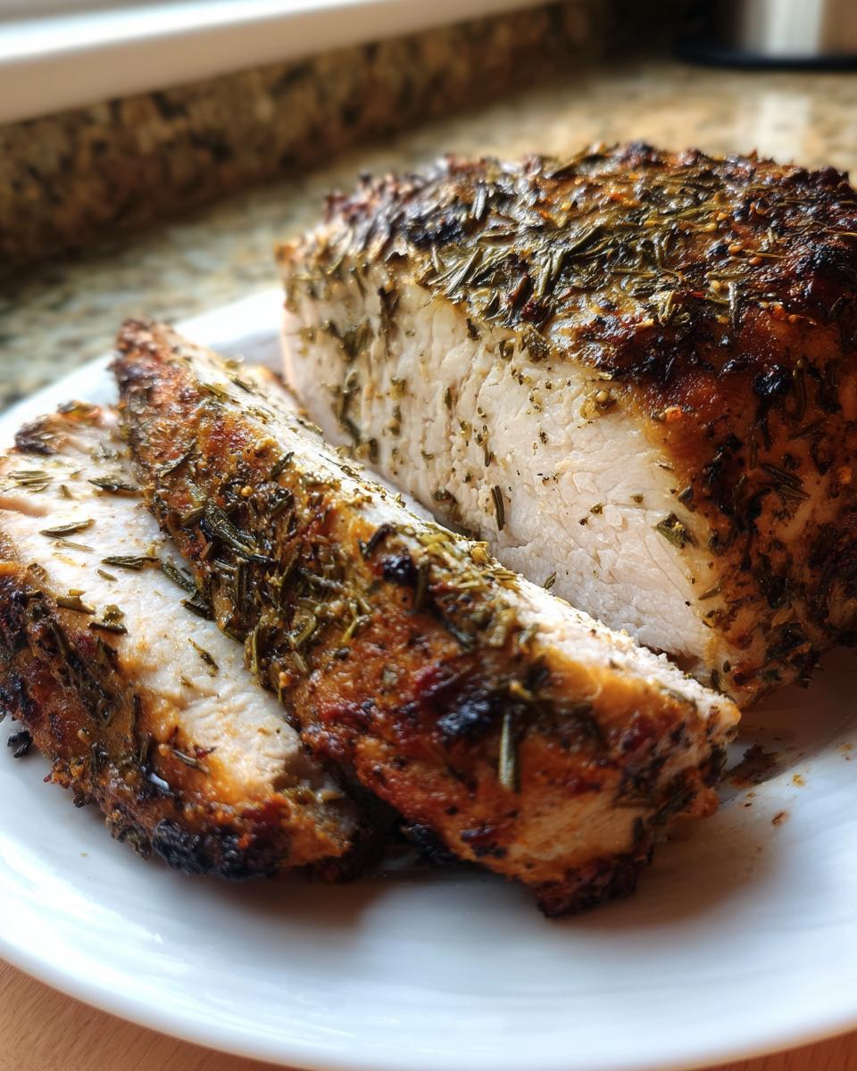 Close-up of a juicy slow cooker turkey breast, sliced and coated in a dark herb and spice crust.