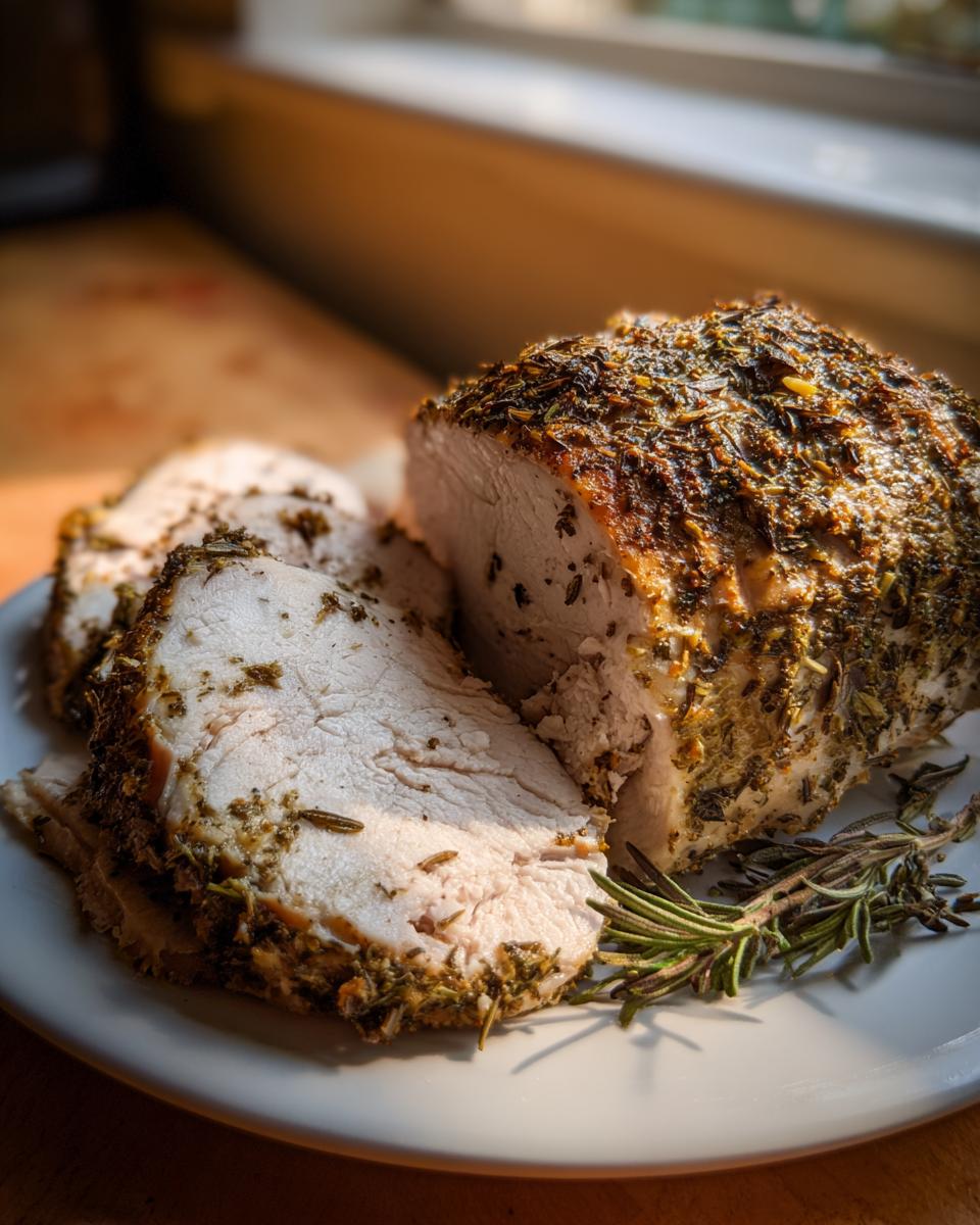 A close-up of a sliced slow cooker turkey breast roast, heavily crusted with herbs and resting on a white plate with rosemary sprigs.