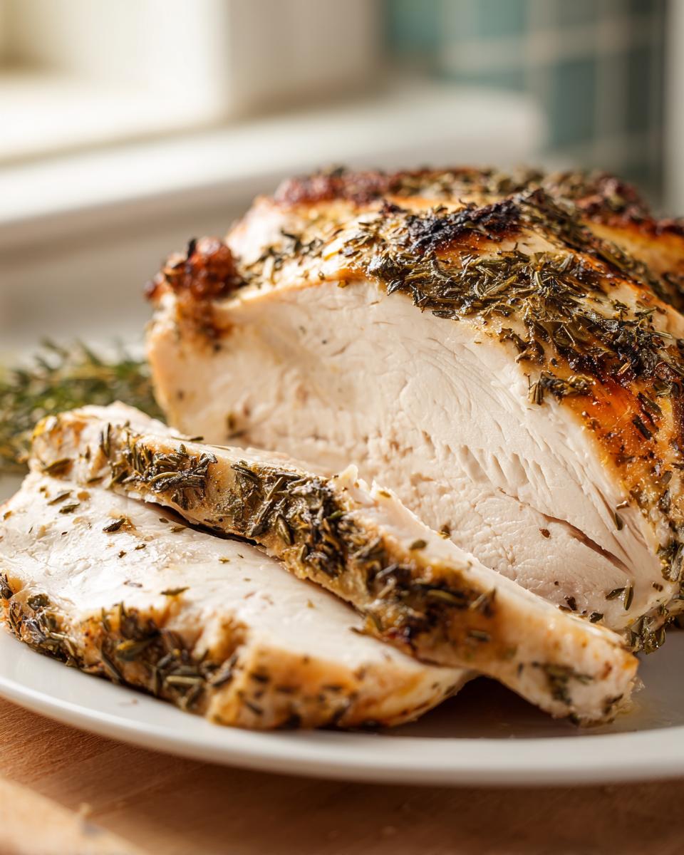 Close-up of sliced, juicy slow cooker turkey breast seasoned with herbs, showing tender white meat.