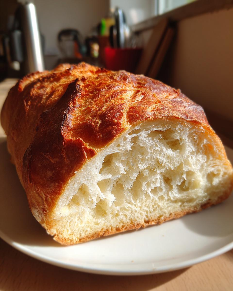 Close-up of a freshly baked French bread loaf cut open, showing the soft, airy crumb and golden crust.