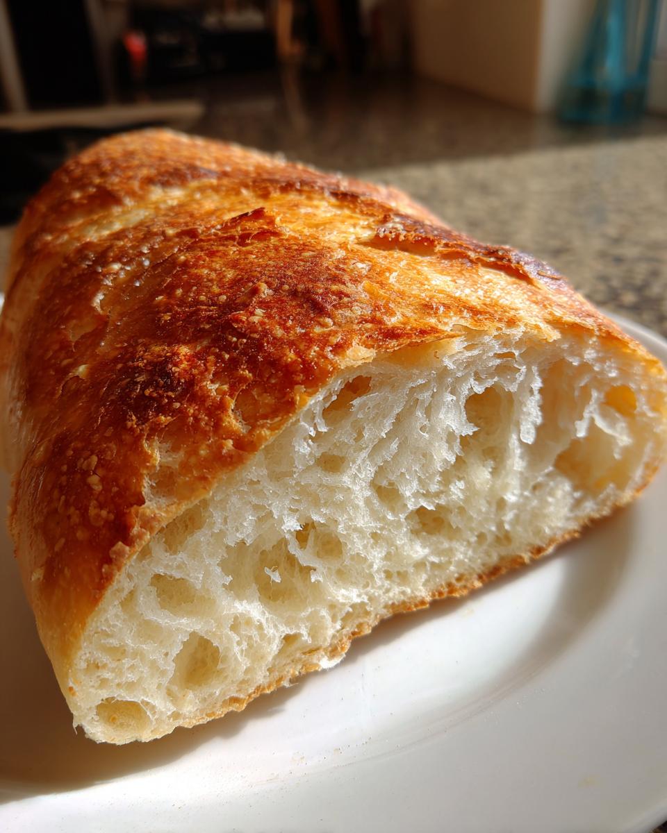 Close-up of a freshly baked French bread loaf showing a golden crust and soft, airy interior crumb.