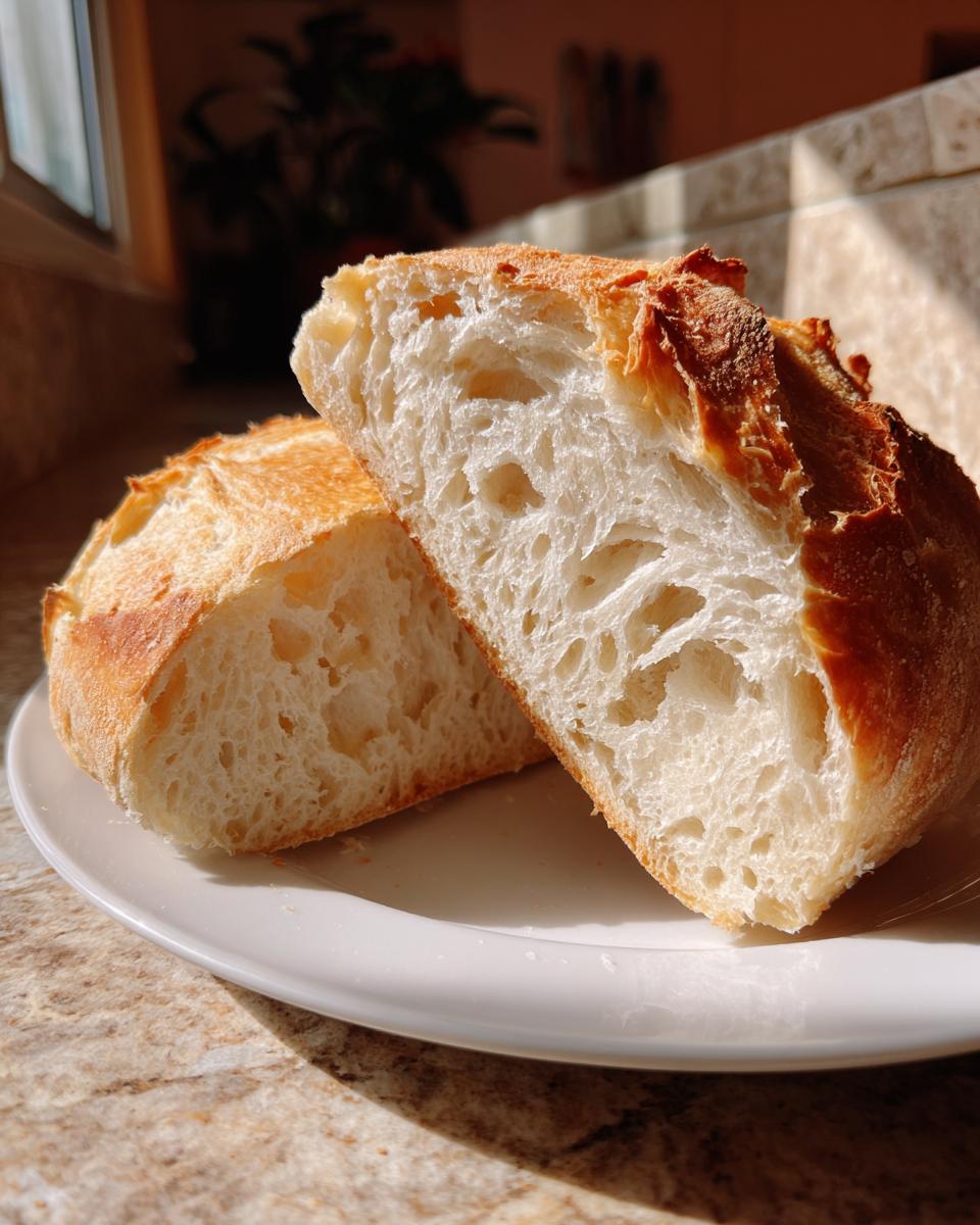 Two halves of a freshly baked French bread loaf showing the soft, airy crumb structure.