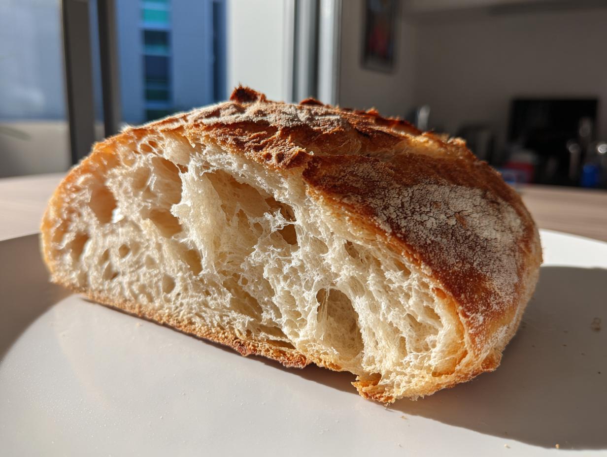 Close-up of the open crumb structure of a homemade French bread loaf showing soft interior and crisp crust.