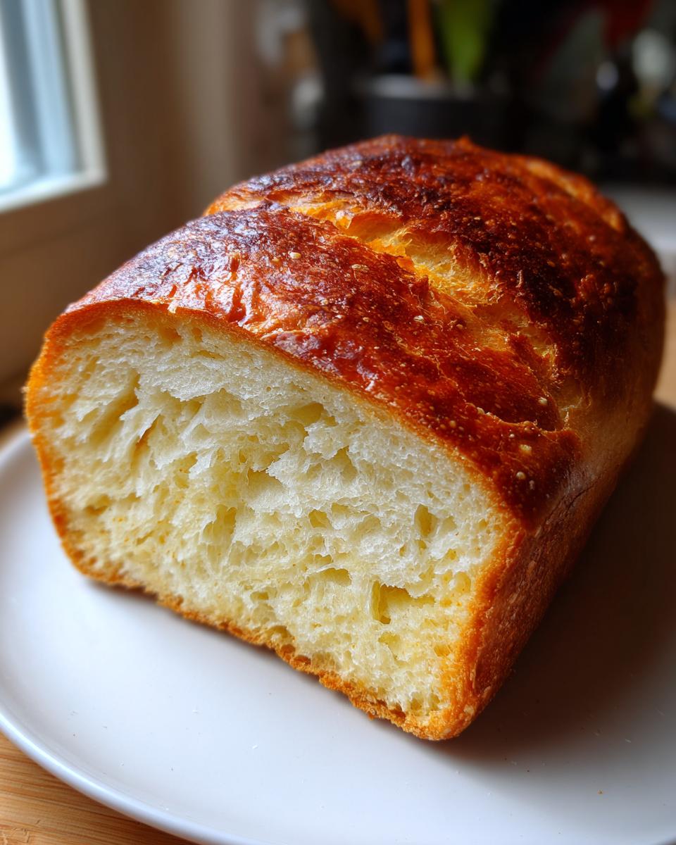 Close-up of a freshly baked loaf of French bread sliced open, showing the soft, airy crumb and golden-brown crust.