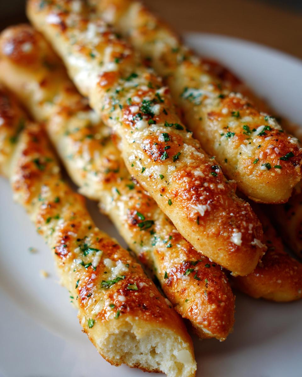 A pile of golden brown, soft breadsticks topped with melted cheese, garlic, and parsley.
