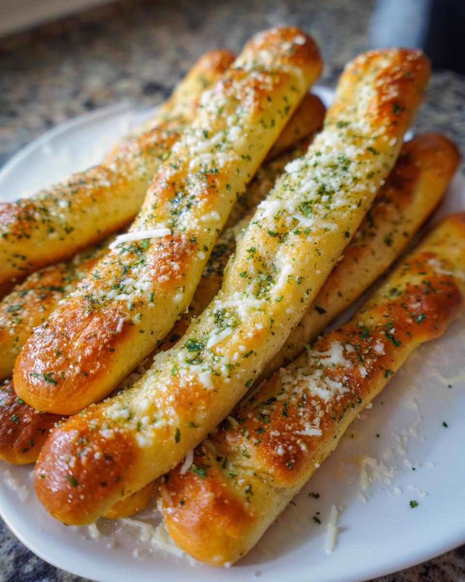 Close-up of golden brown, soft breadsticks topped with melted Parmesan cheese and dried parsley.