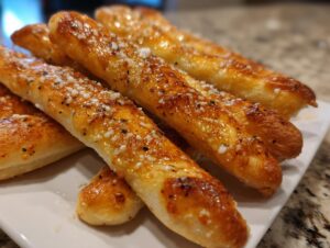 Close-up of several golden brown, soft breadsticks topped with melted butter, garlic, and grated Parmesan cheese.