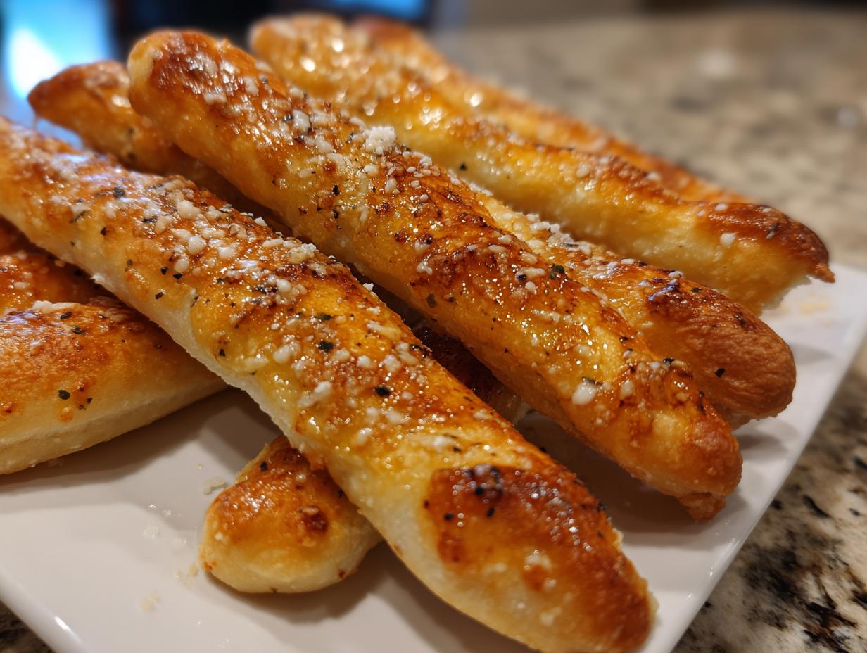 Close-up of several golden brown, soft breadsticks topped with melted butter, garlic, and grated Parmesan cheese.
