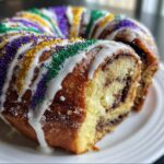 A close-up view of a soft Kings cake slice showing the cinnamon swirl interior, topped with white icing and Mardi Gras sprinkles.
