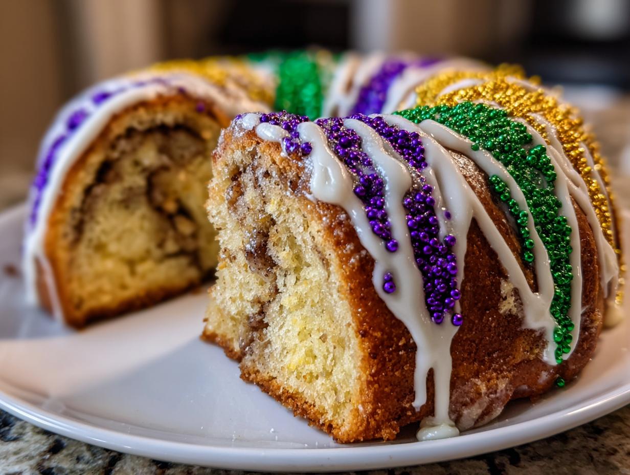 Close-up of a slice of soft Kings cake drizzled with white icing and decorated with purple, green, and gold sprinkles.