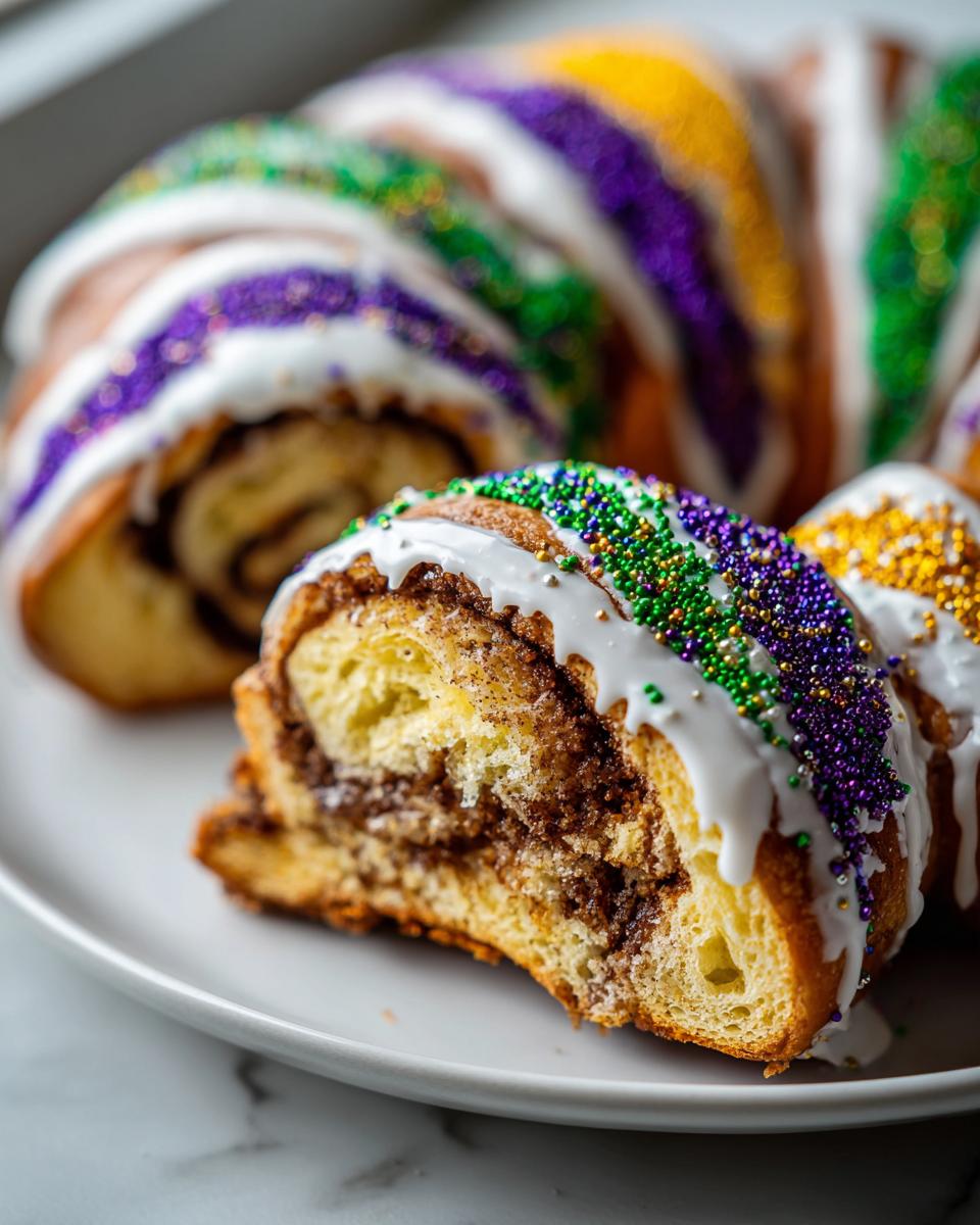 Close-up of a soft slice of Kings cake showing cinnamon swirl filling, white icing, and Mardi Gras colored sprinkles.