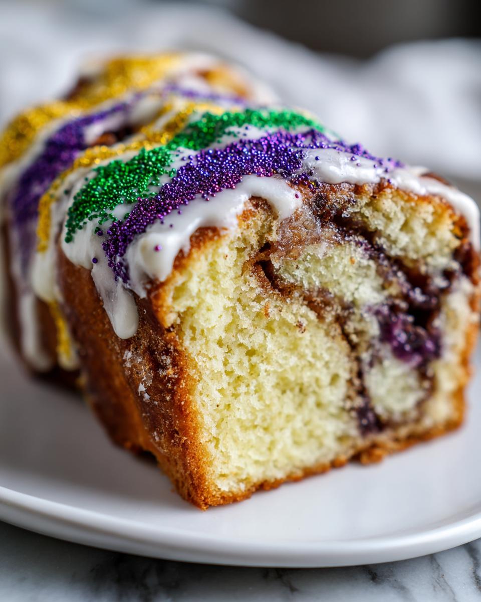 Close-up of a slice of soft Kings cake topped with white icing and purple, green, and gold sprinkles.