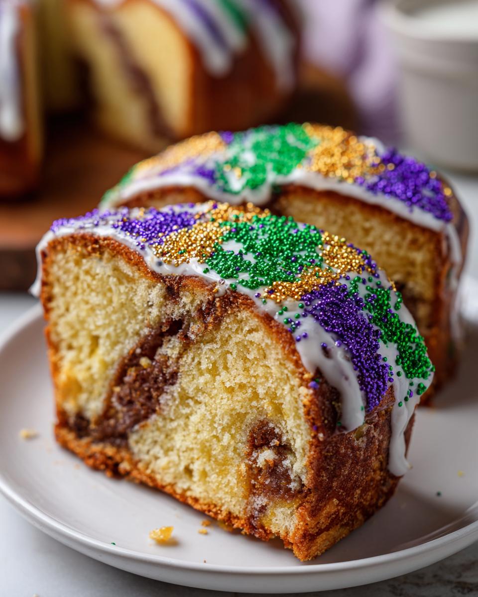 Close-up of a soft slice of Kings cake featuring cinnamon swirl and topped with white icing and purple, green, and gold sprinkles.