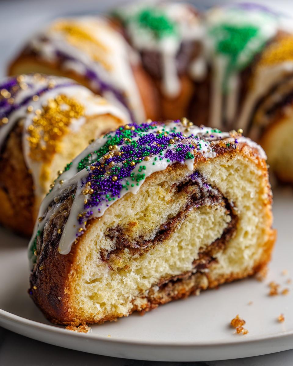 Close-up of a slice of soft Kings cake showing the swirl filling, topped with white icing and purple, green, and gold sprinkles.
