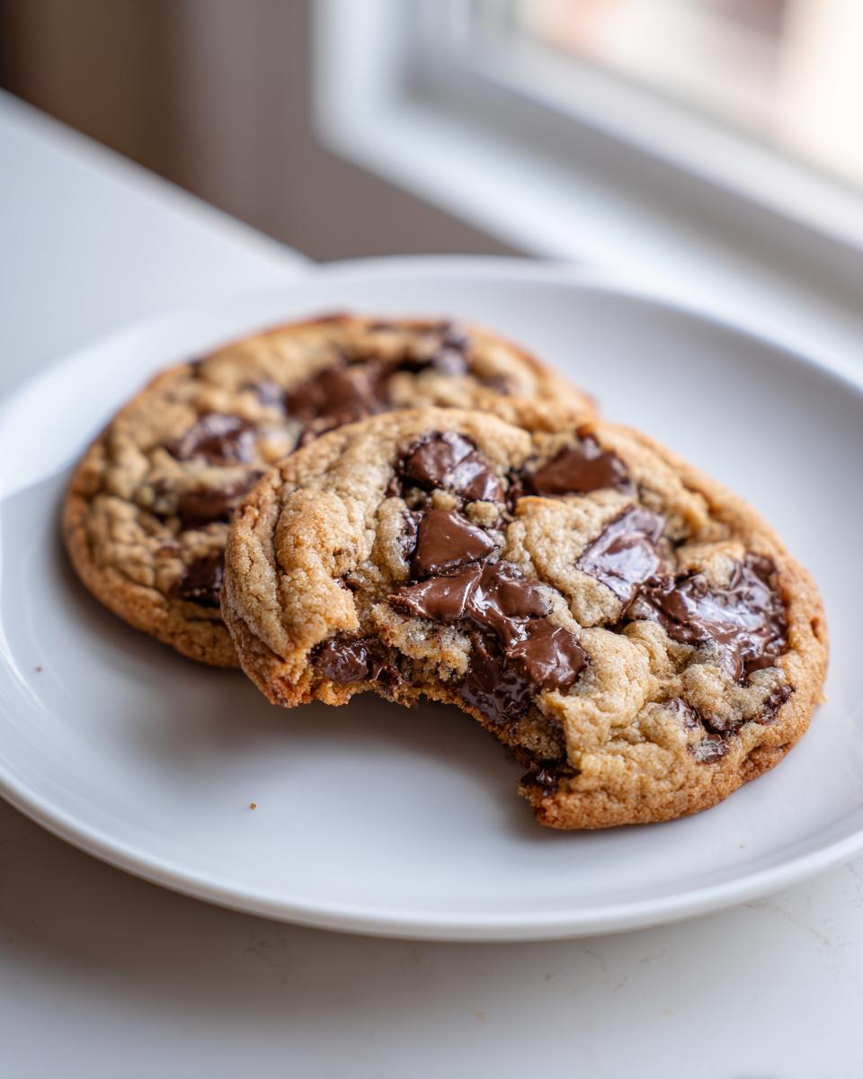 Two gooey sourdough chocolate chip cookies on a white plate, one with a bite taken out showing melted chocolate.
