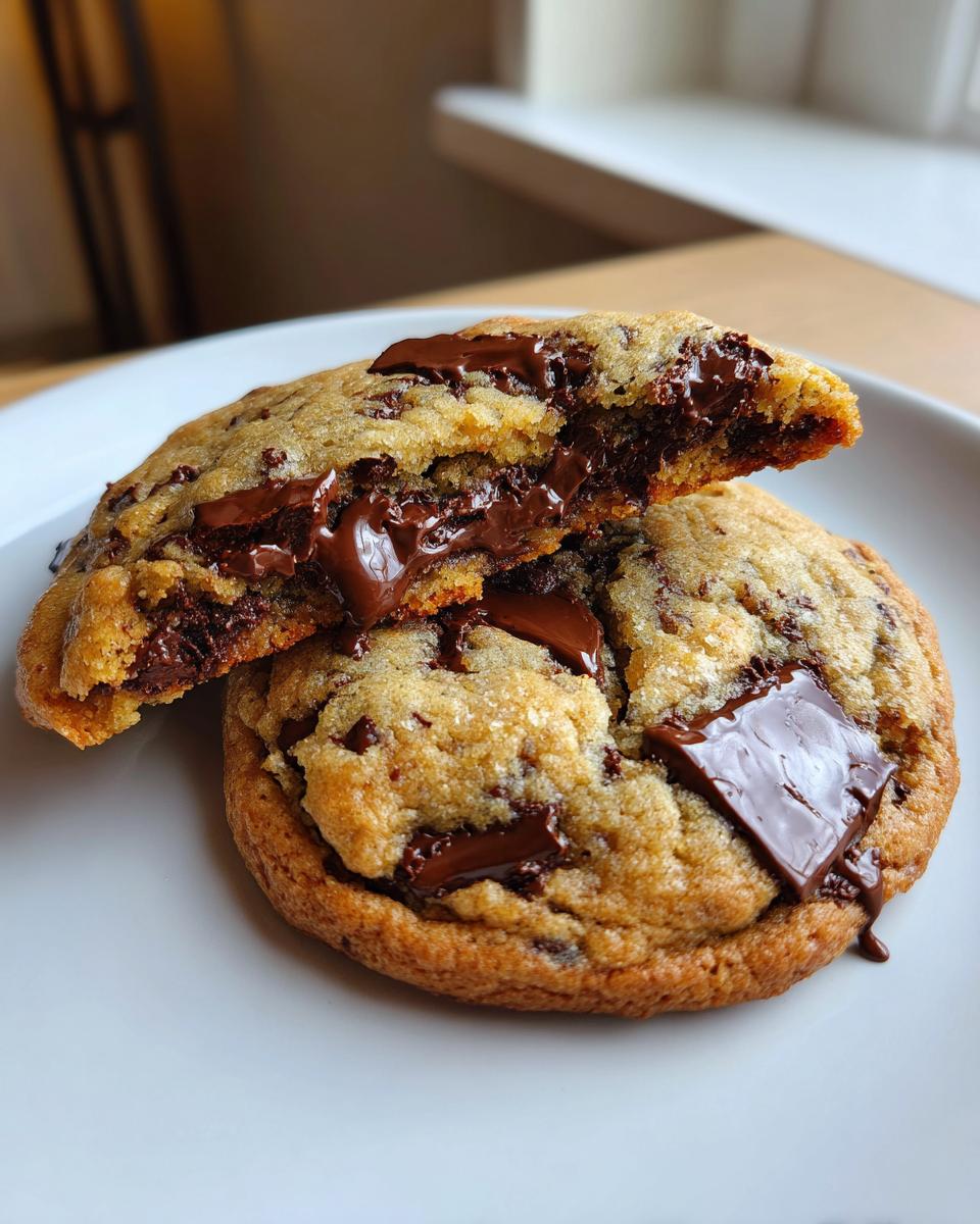 A close-up of a sourdough chocolate chip cookie broken in half, revealing a molten, gooey chocolate center.