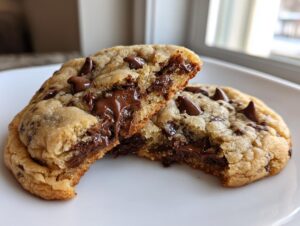 Close-up of two halves of a sourdough chocolate chip cookies showing gooey, melted chocolate center.