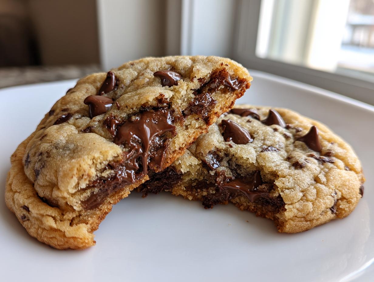 Close-up of two halves of a sourdough chocolate chip cookies showing gooey, melted chocolate center.