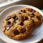 Close-up of two golden brown sourdough chocolate chip cookies loaded with melted chocolate chips, sitting on a white plate.