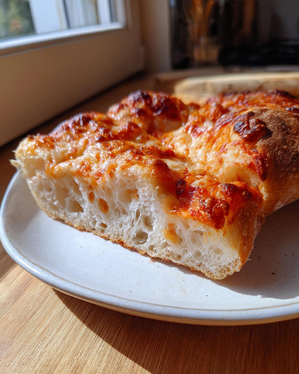 Close-up of a thick slice of pizza showing the airy, open crumb structure of the sourdough discard pizza dough.