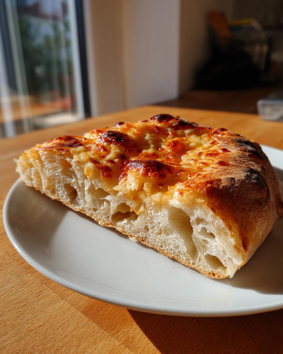 Close-up of a thick slice of pizza made from sourdough discard pizza dough showing an airy, bubbly crumb structure and melted cheese.