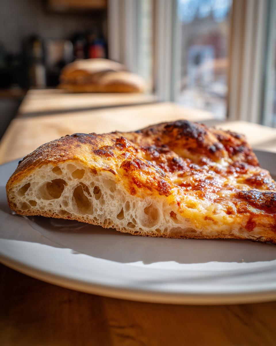 Close-up of a slice of pizza showing the airy, open crumb structure made from sourdough discard pizza dough.