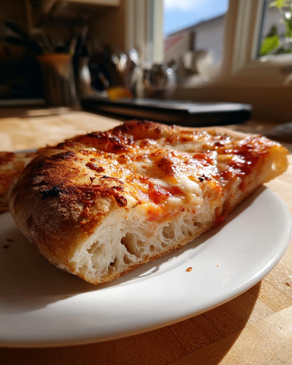 Close-up of a slice of cheesy pizza showing the airy, bubbly crust made from sourdough discard pizza dough.