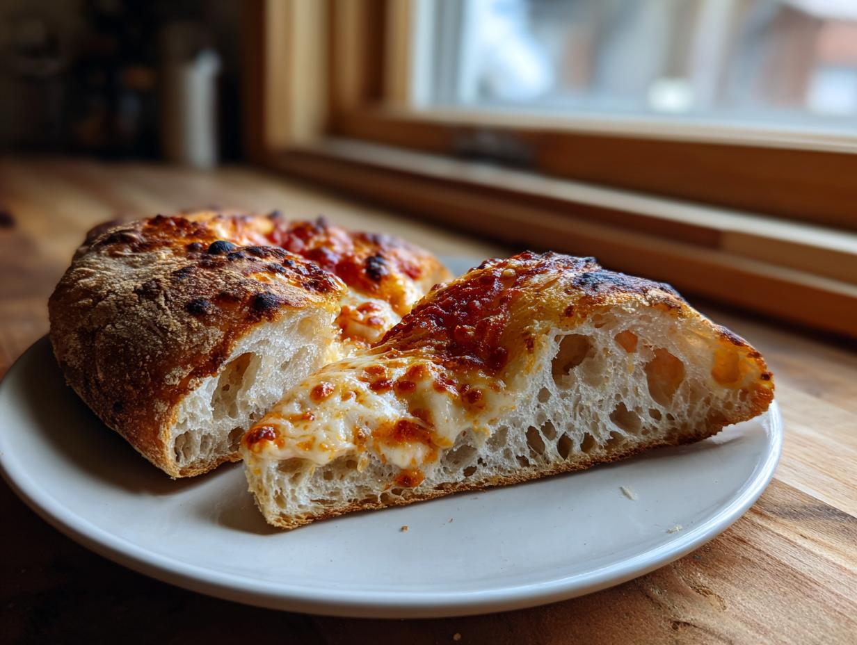 Close-up of cheesy pizza slices showing the airy crumb structure made from sourdough discard pizza dough.